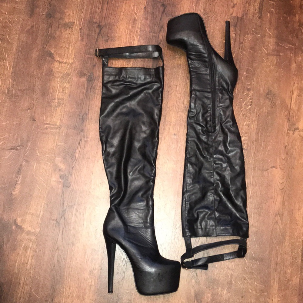 Faux Leather Black Thigh High Platform Boots 🔥